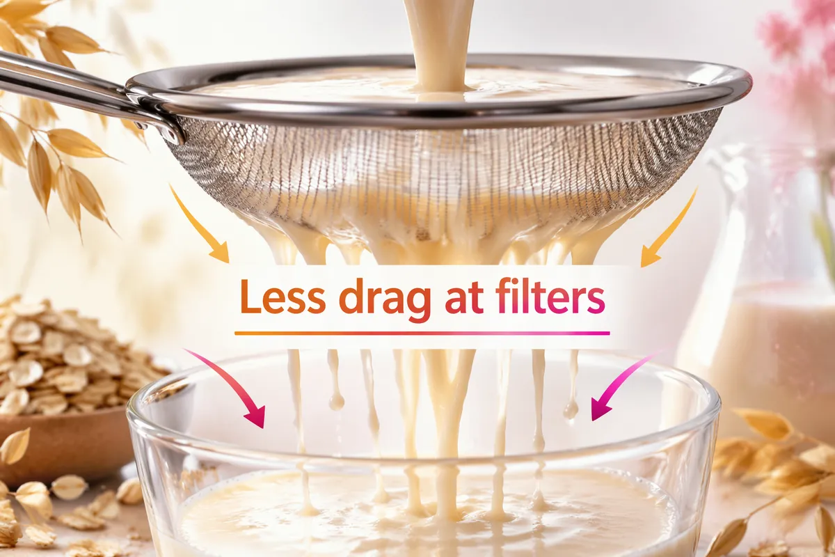 Oat base running through a stainless mesh screen into a glass bowl, labelled Less drag at filters